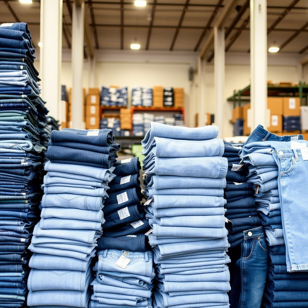 Kids denim pants and jeans piled high in a warehouse