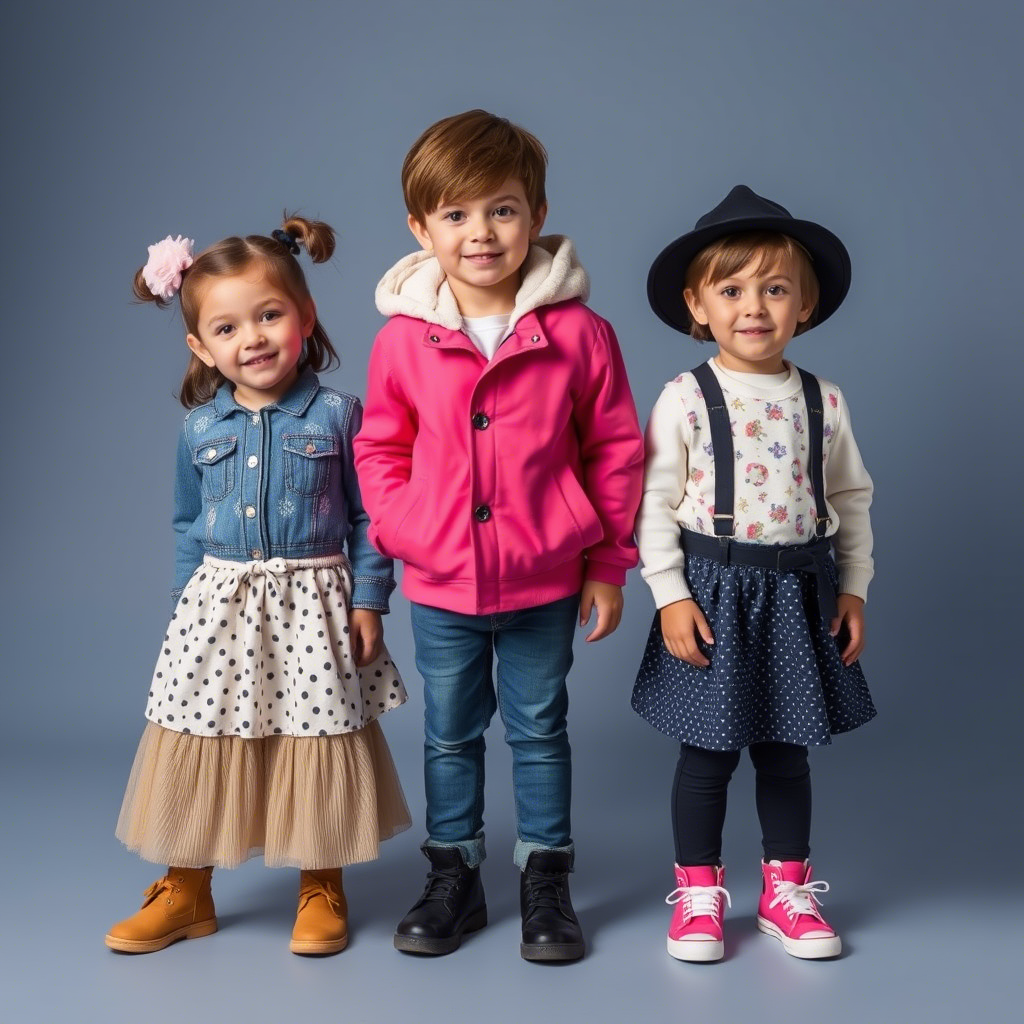 Kids dressed in stylish outfits from renowned children’s clothing manufacturers