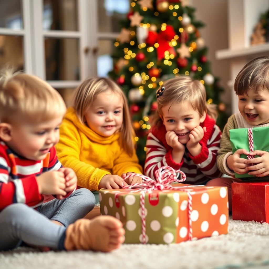 Kids eagerly unwrapping gifts on Christmas morning surprise