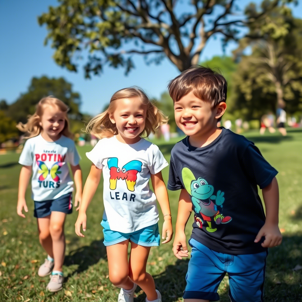 Kids enjoying a sunny day with vibrant shorts and graphic T-shirts in a park