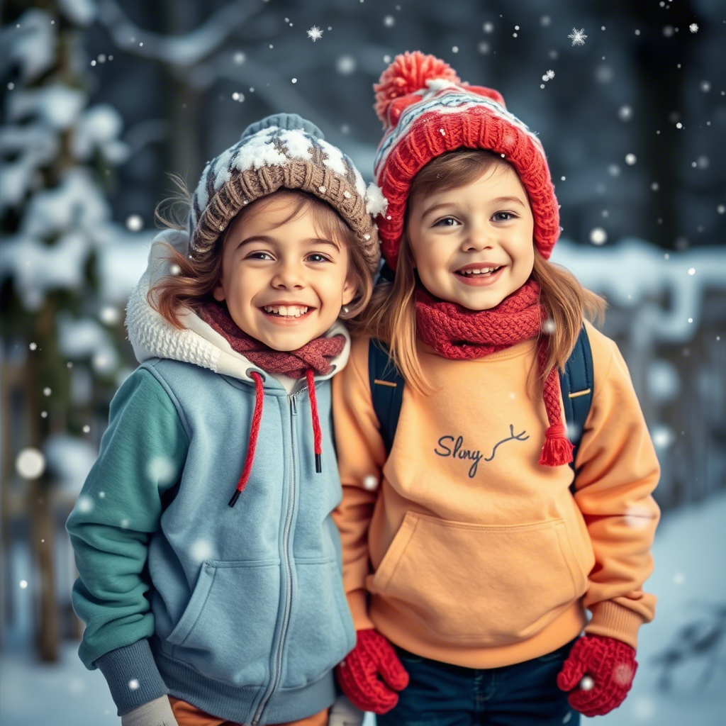 Kids enjoying winter with warm sweatshirts and snowflakes around
