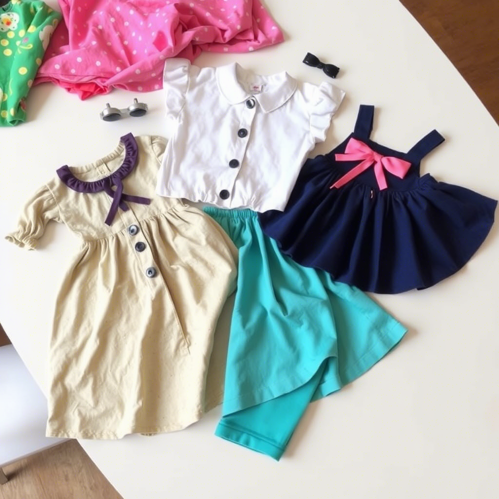 Kids fashion apparel laid out on a table with colorful fabrics
