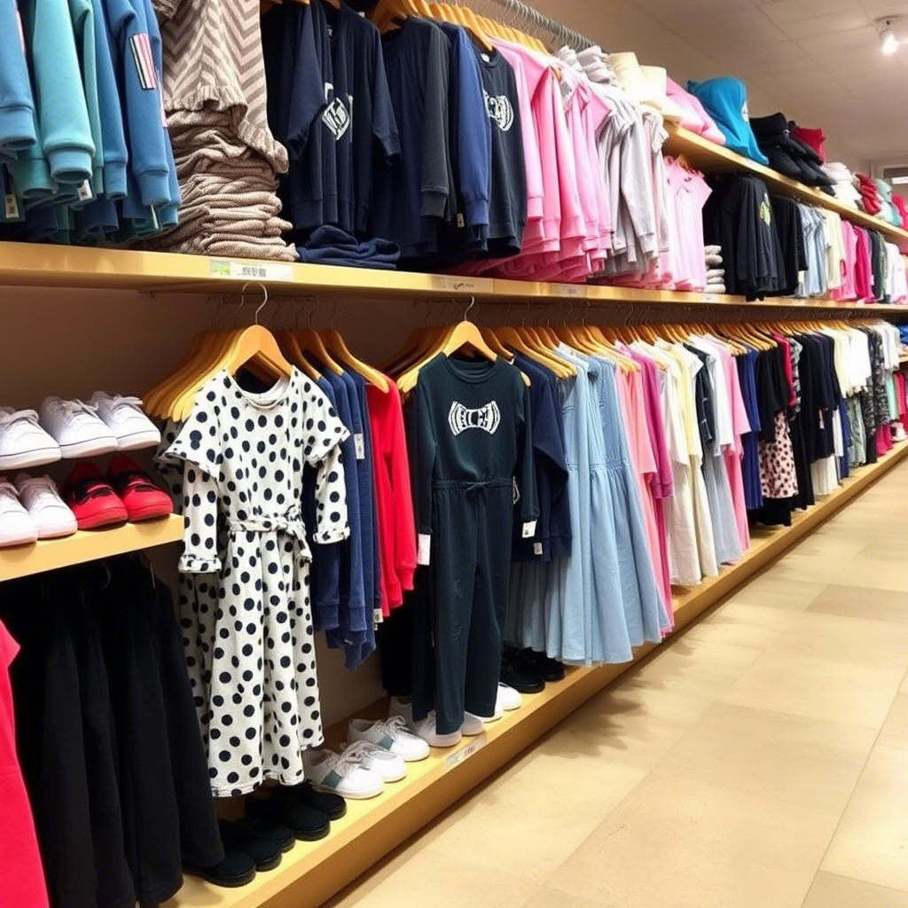 Kids’ fashion apparel neatly arranged on shelves for wholesale buyers