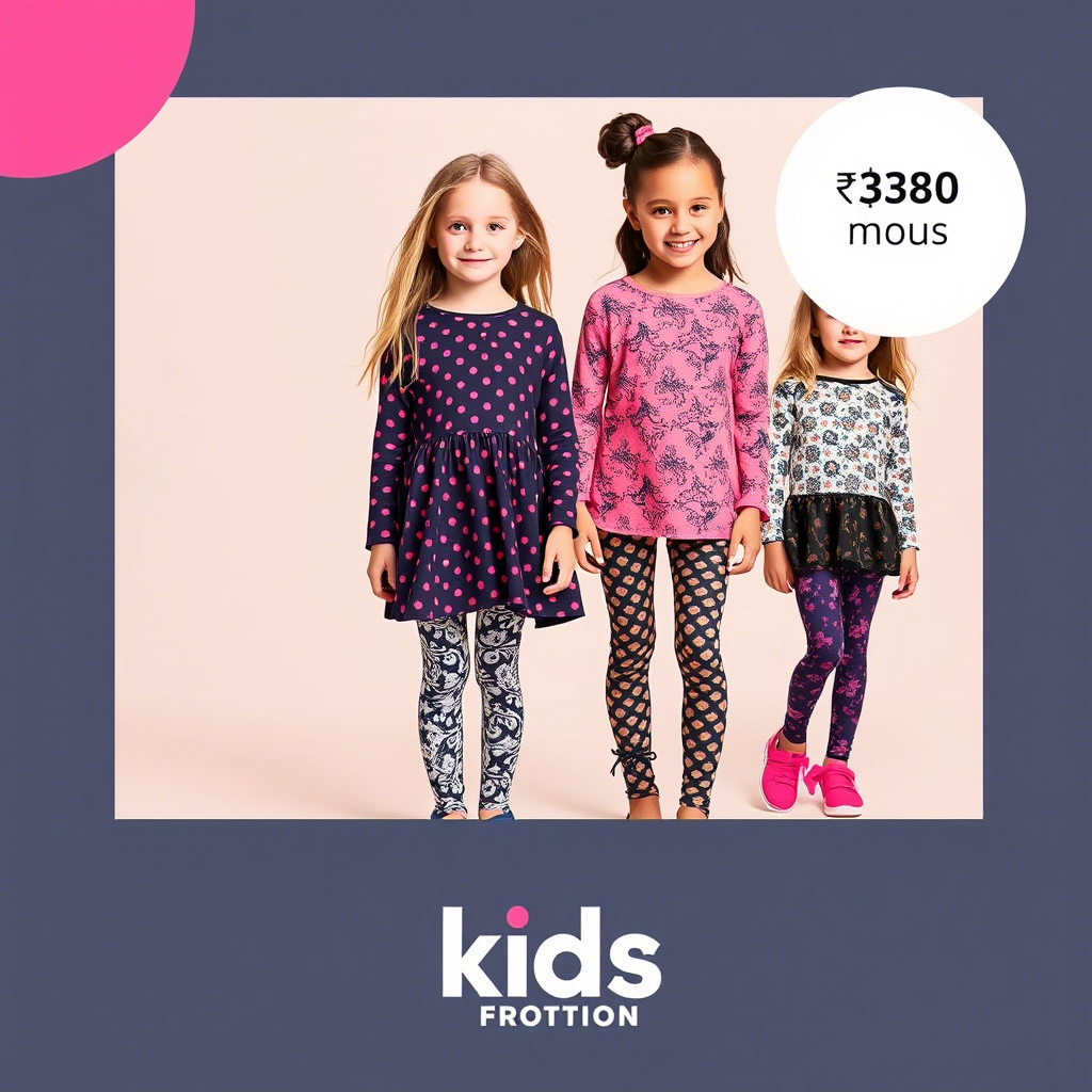 Kids fashion brand advertisement featuring girls in patterned leggings and matching tops