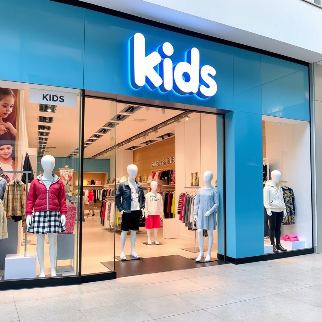 Kids’ fashion brand storefront with mannequins and bright displays