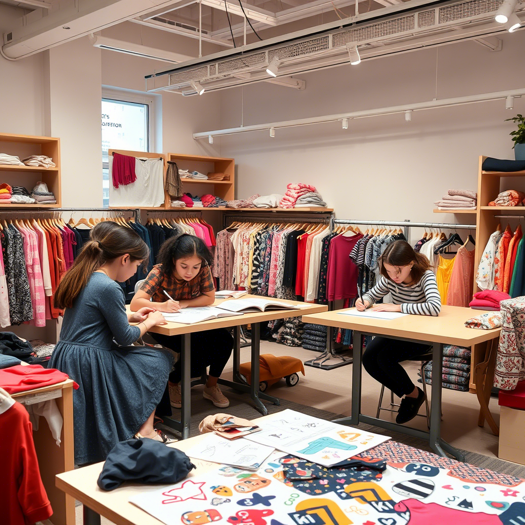 Kids fashion brand studio with designers sketching and fabric swatches around