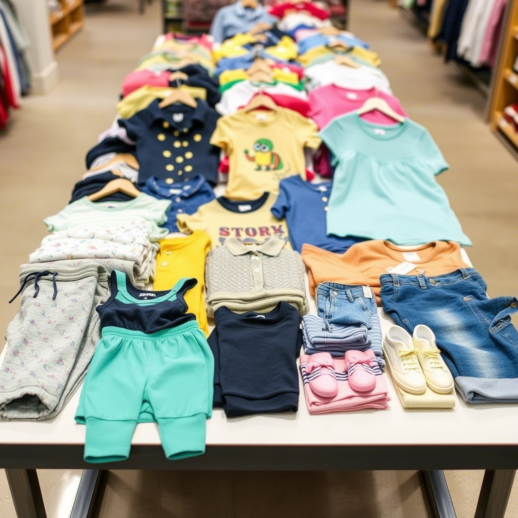 Kids fashion clothing arranged on a wholesale table
