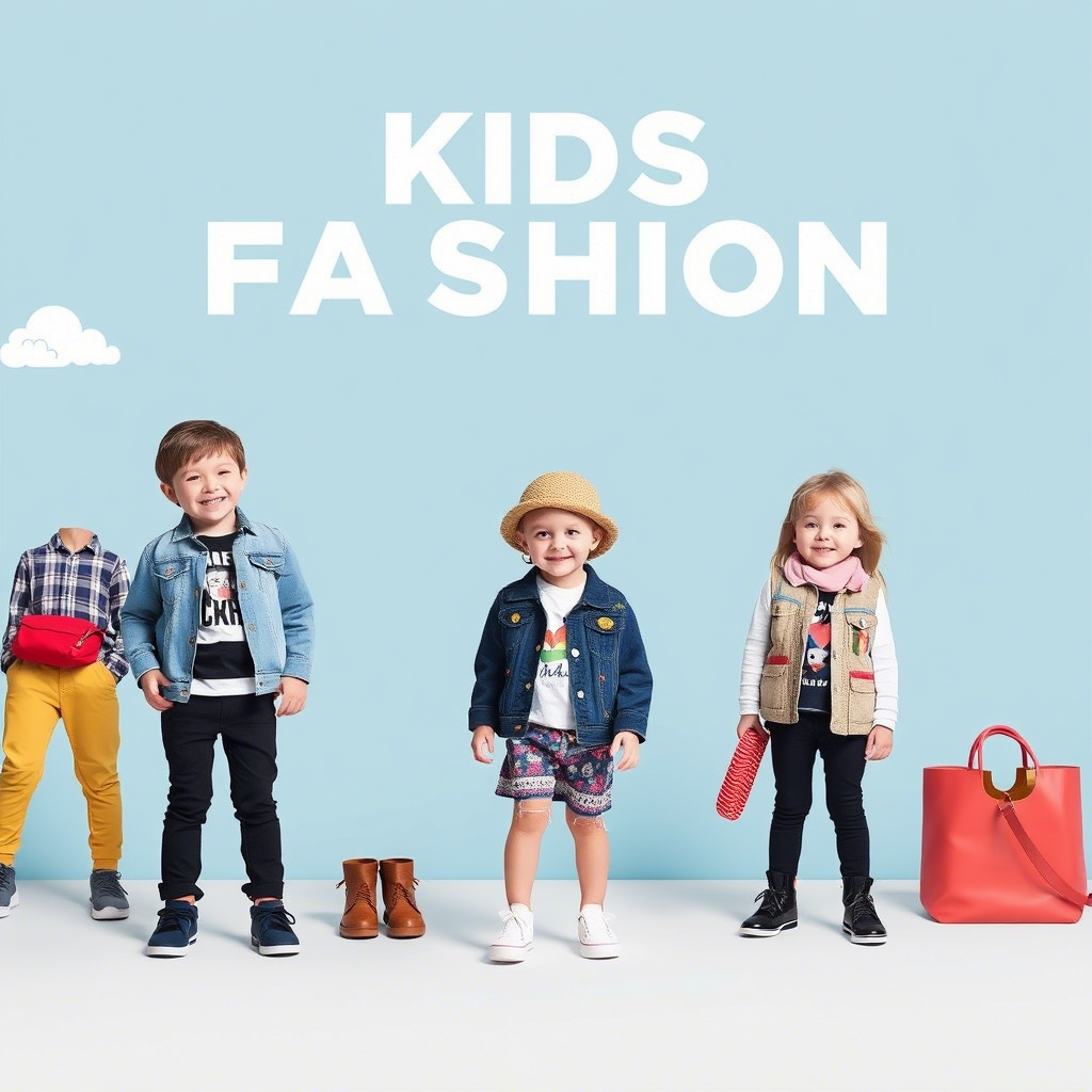 Kids fashion clothing brand advertisement with playful models and accessories