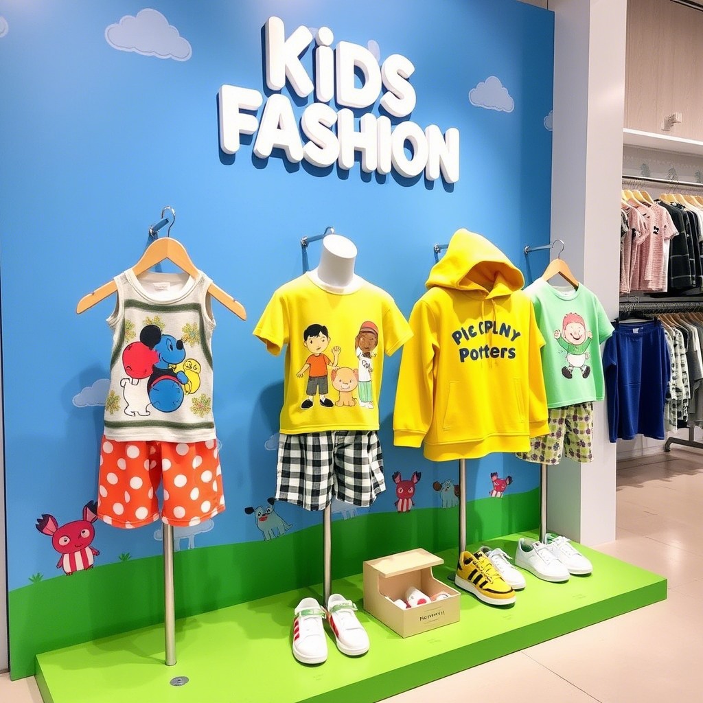 Kids fashion clothing display with playful graphics and bright colors