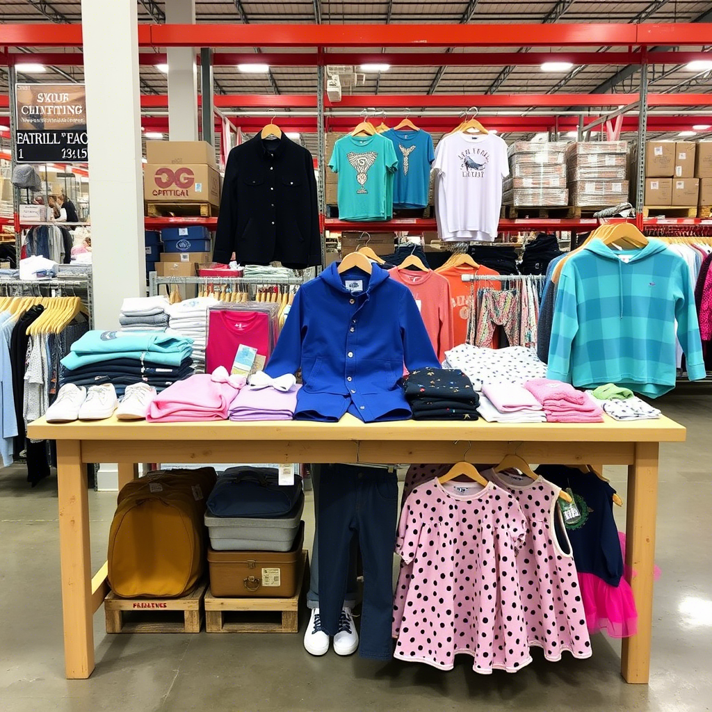 Kids’ fashion clothing items arranged on a warehouse table