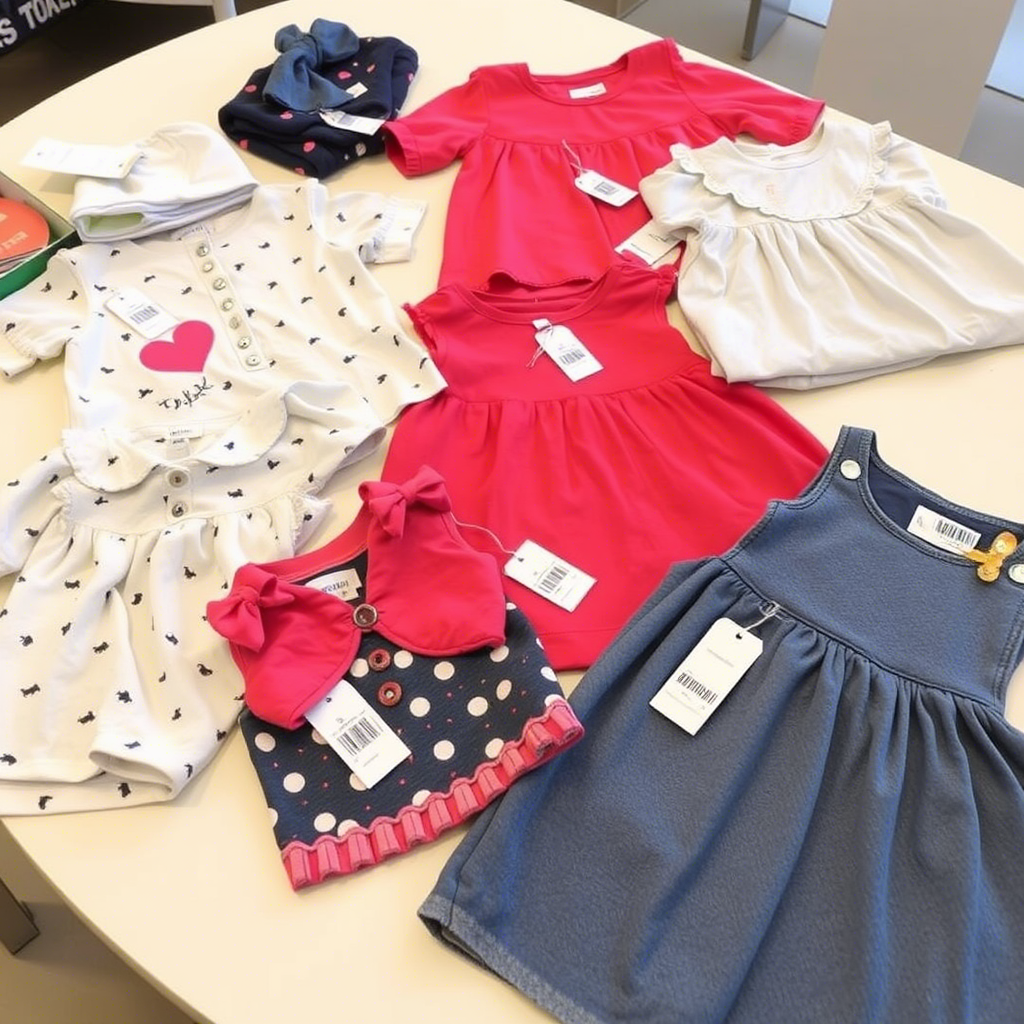 Kids’ fashion clothing laid out on a table with price tags and labels