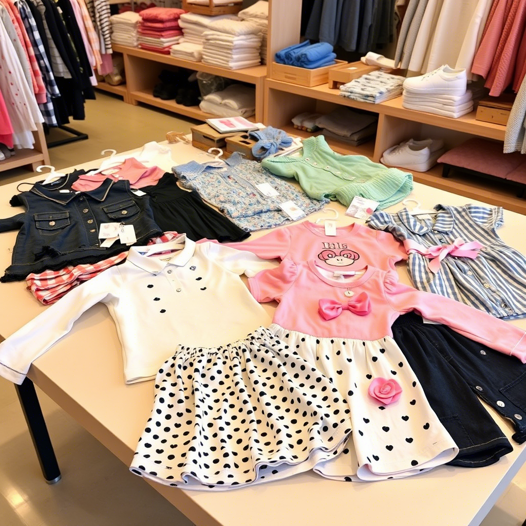 Kids fashion clothing laid out on a wholesale table display