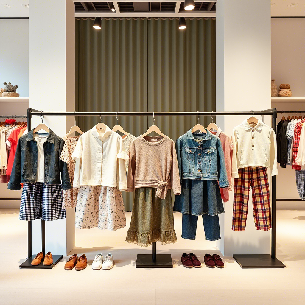Kids’ fashion collection arranged on a minimalist boutique background