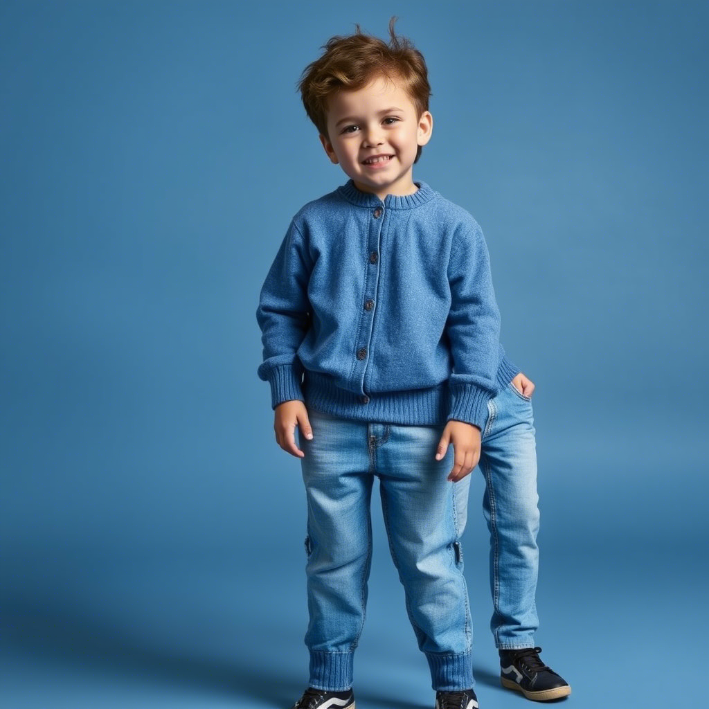 Kids’ fashion collection featuring jeans and sweaters by various manufacturers