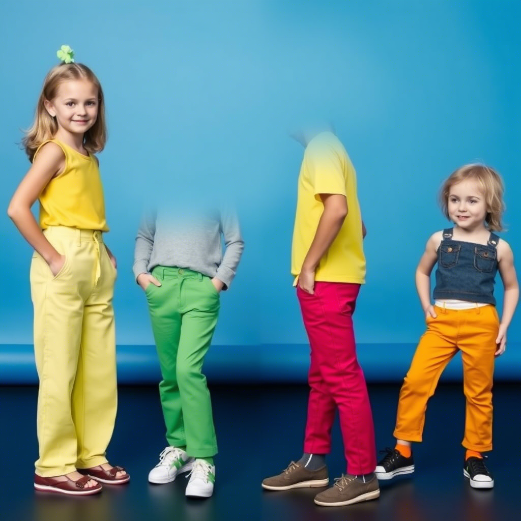 Kids fashion collection featuring vibrant colored pants and jeans