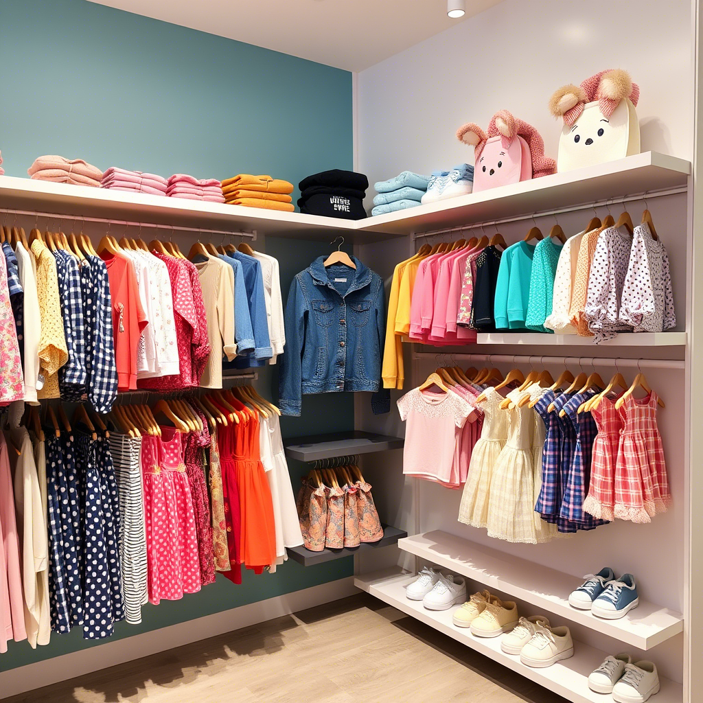 Kids fashion collection neatly arranged on shelves in a modern wholesale store