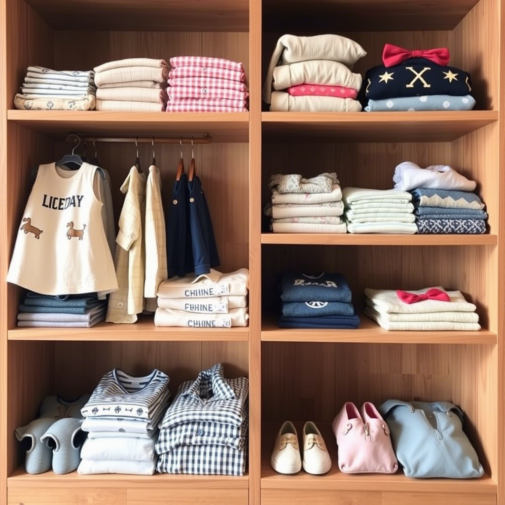 Kids’ fashion collection neatly folded on wooden shelves