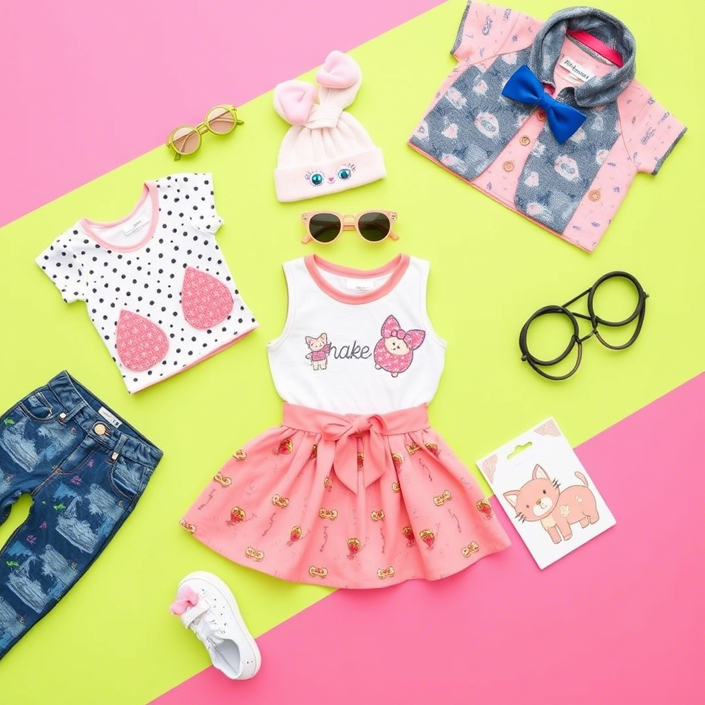 Kids’ fashion items arranged on a bright and playful background