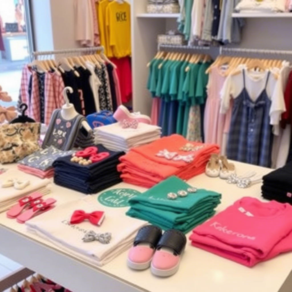 Kids fashion items neatly arranged on a wholesale clothing supplier’s table