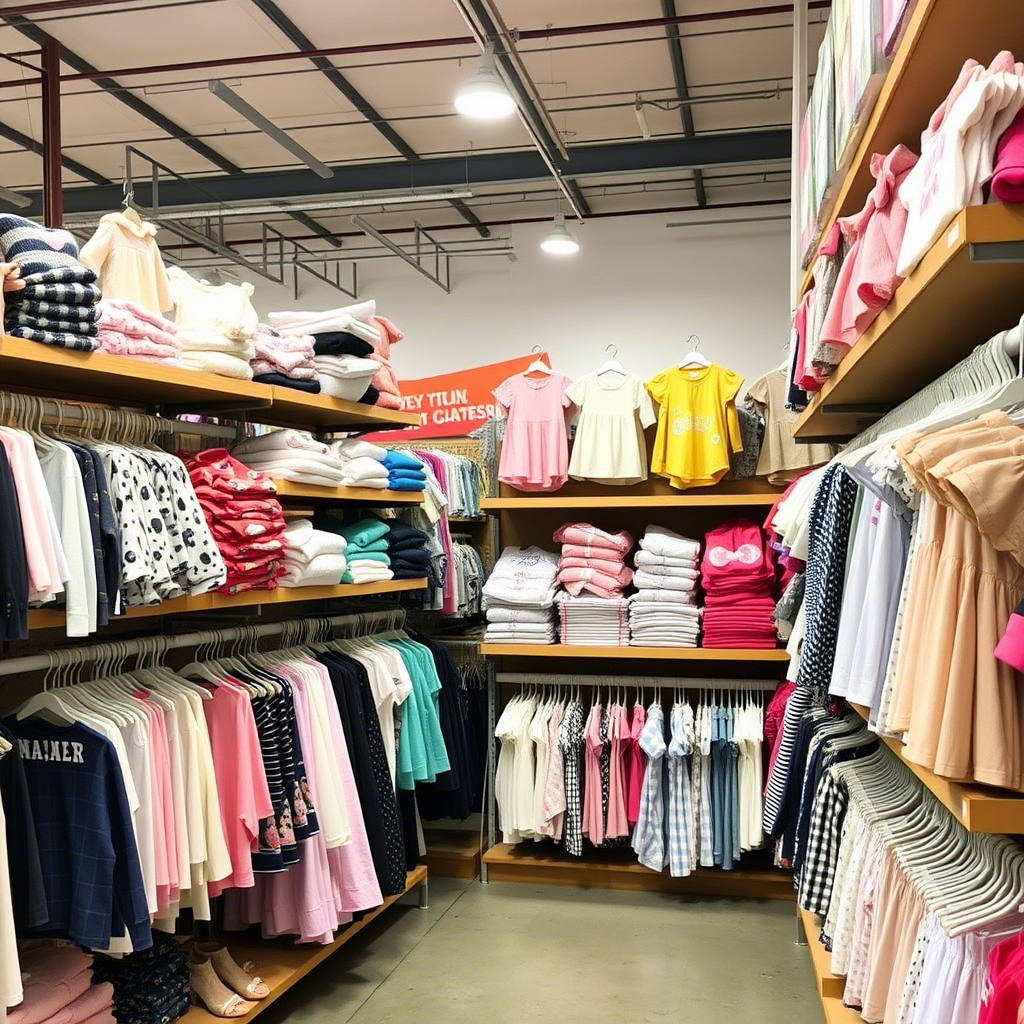 Kids’ fashion items neatly arranged on shelves in a bulk clothing warehouse