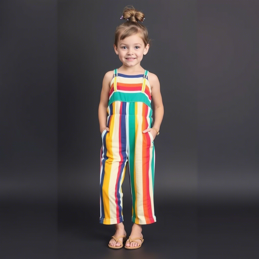 Kids fashion jumpsuit with colorful stripes and sandals