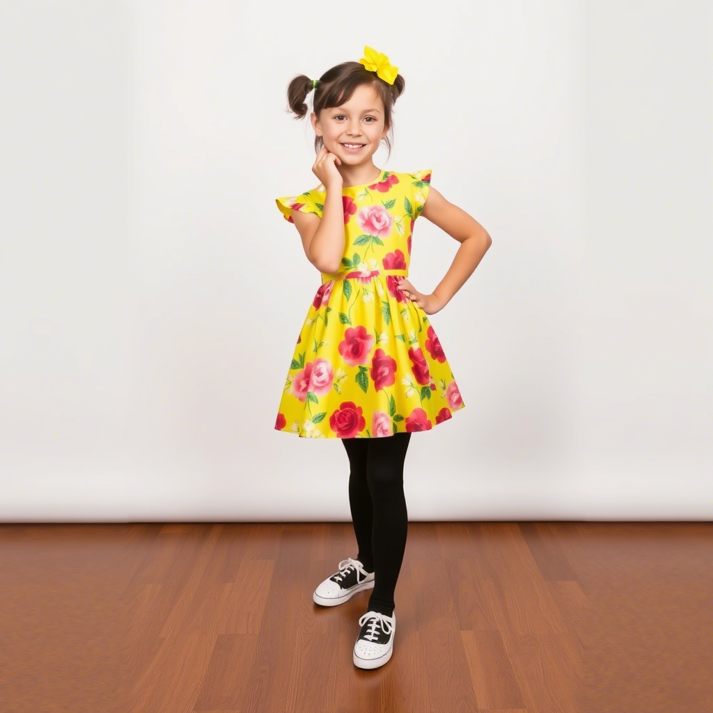 Kids fashion model posing in a bright floral dress and leggings