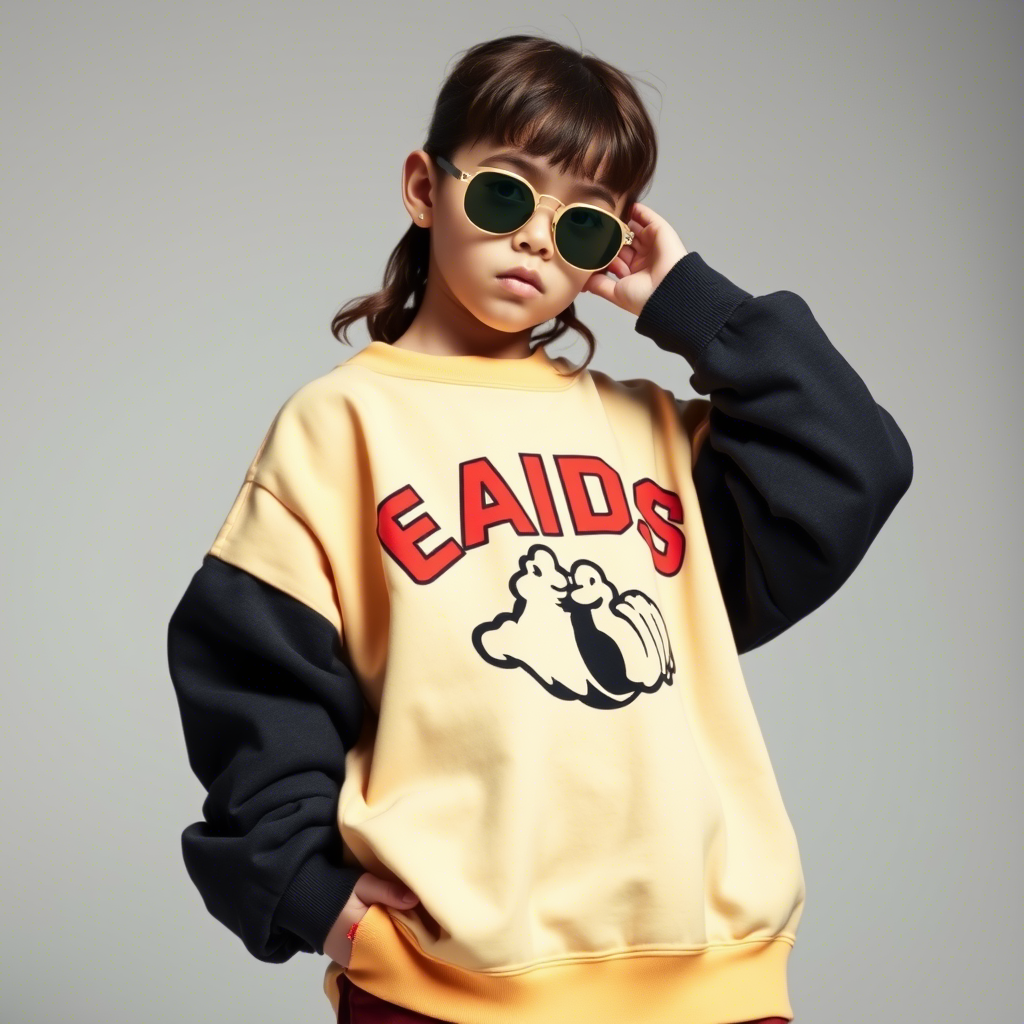 Kids fashion model posing in oversized sweatshirts with bold graphics
