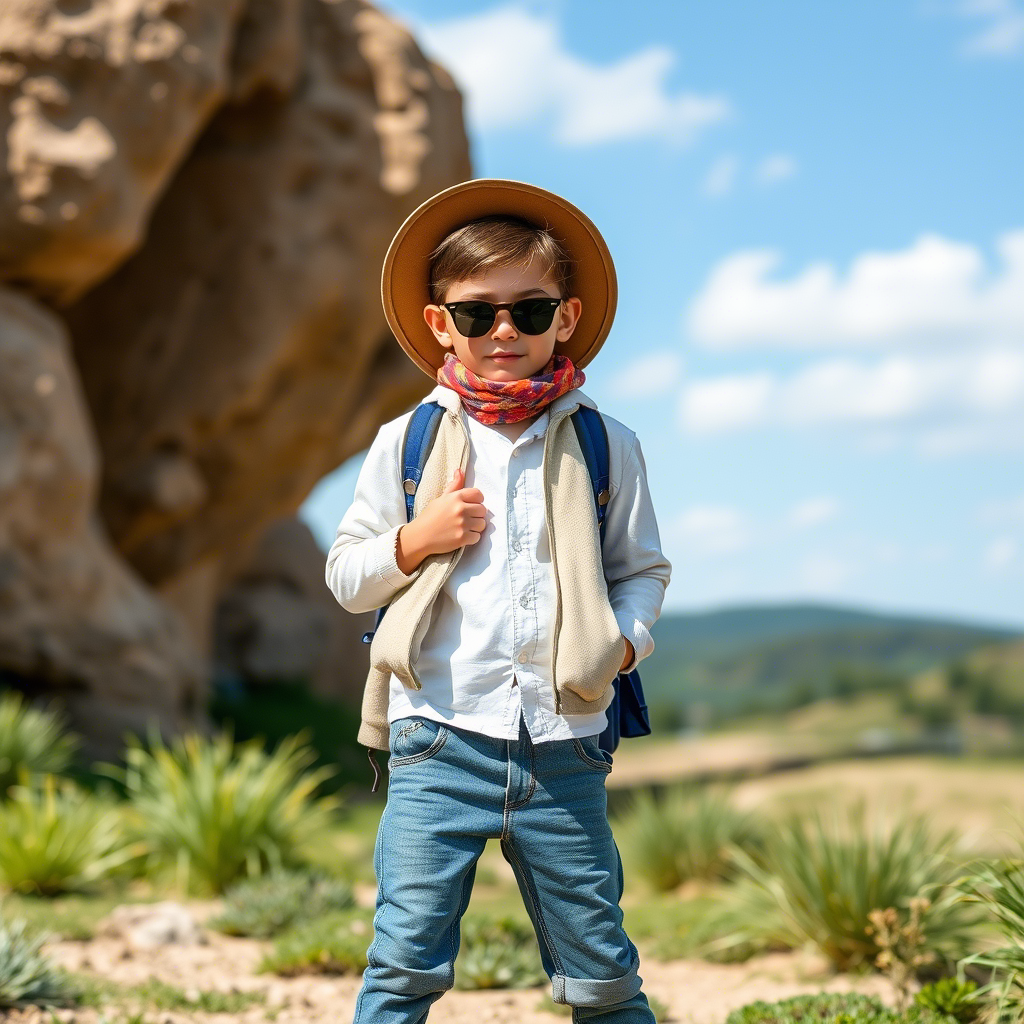 Kids’ fashion model posing in stylish clothing set, outdoor adventure
