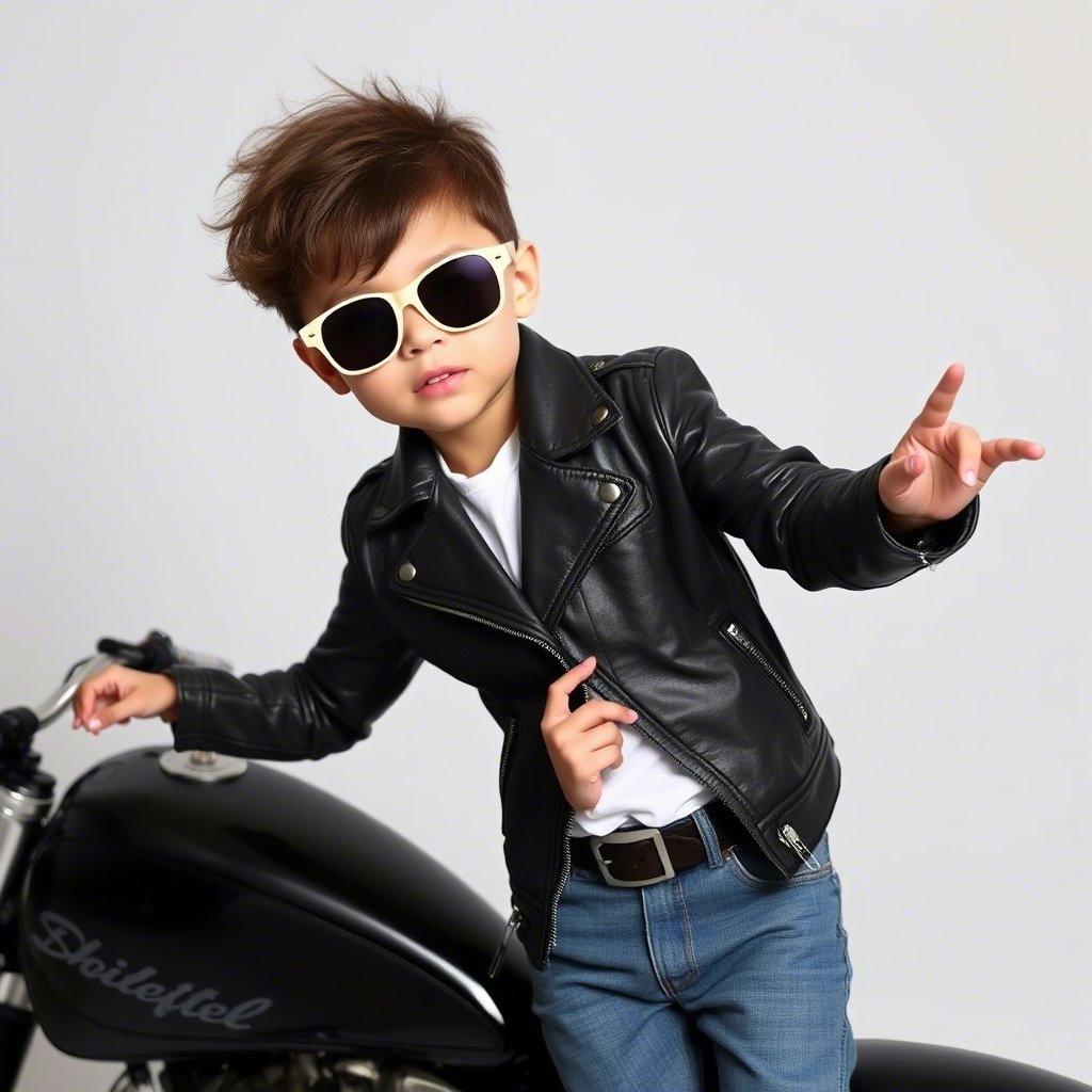 Kids fashion model posing in stylish jeans and leather jacket