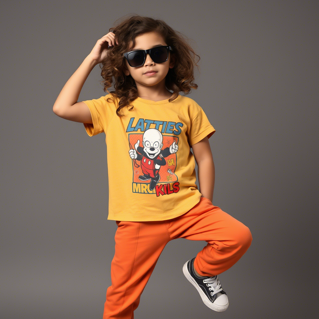 Kids fashion model posing in stylish pants and graphic tee