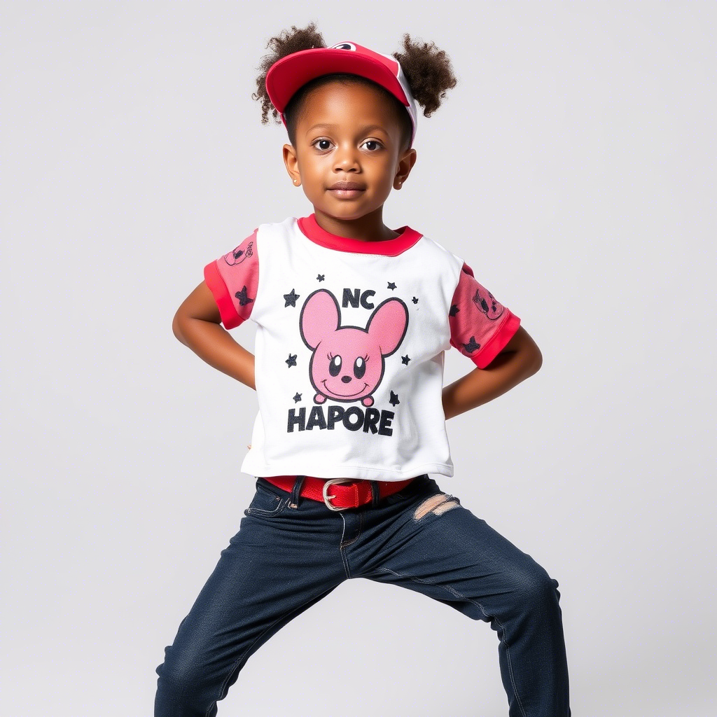 Kids fashion model posing in trendy graphic tops