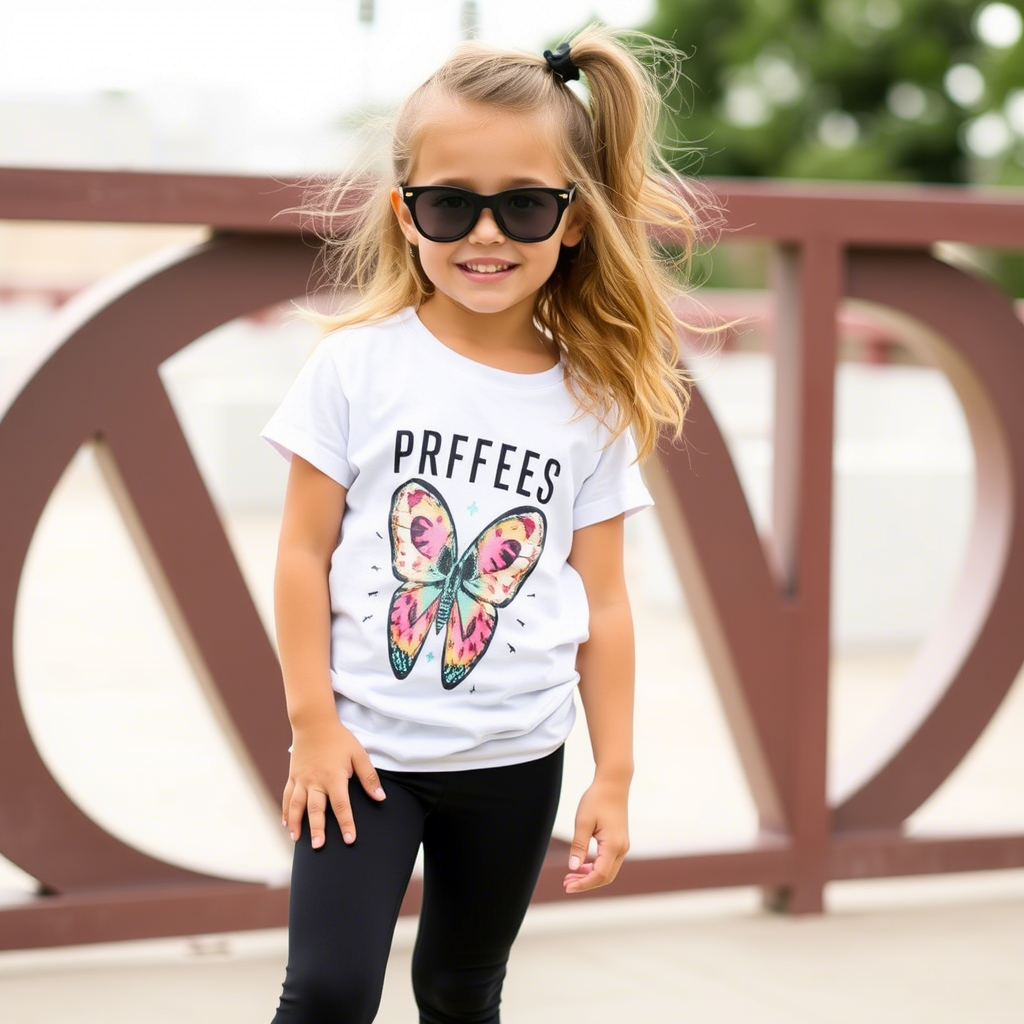 Kids fashion model posing in trendy leggings and graphic tee