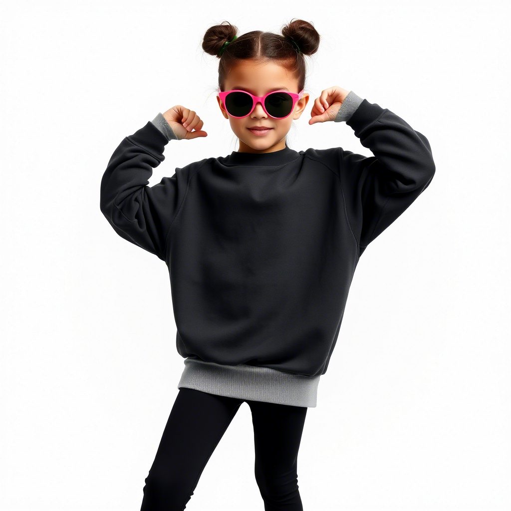 Kids fashion model posing in trendy leggings and oversized sweatshirt