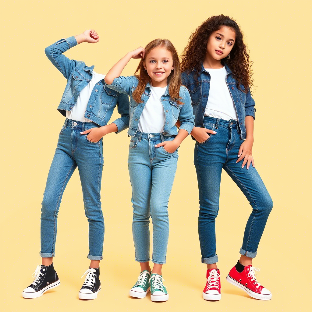 Kids fashion model posing in various styles of wholesale jeans