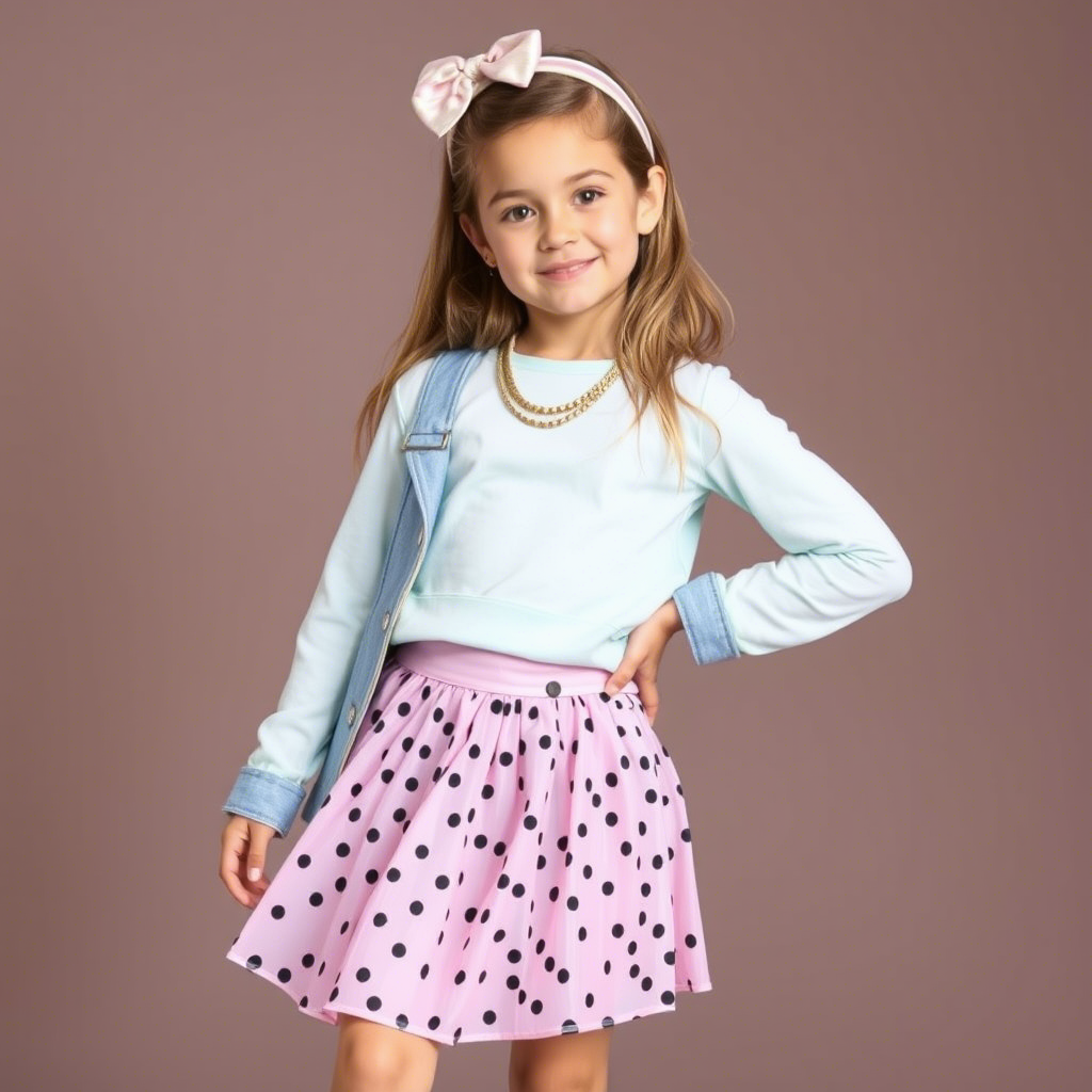 Kids fashion model showcasing a trendy outfit with a skirt and top