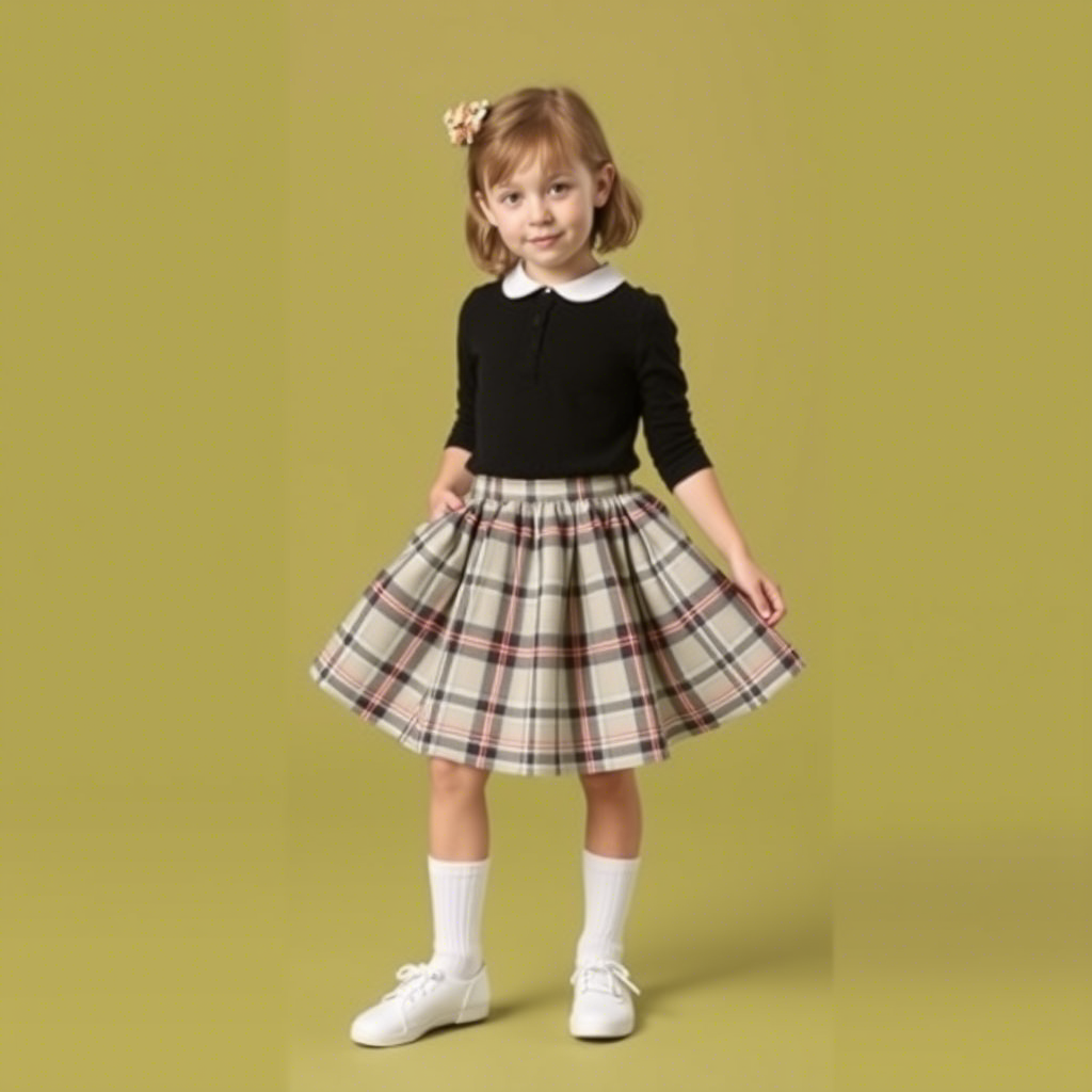 Kids fashion model showcasing a trendy plaid skirt with white socks
