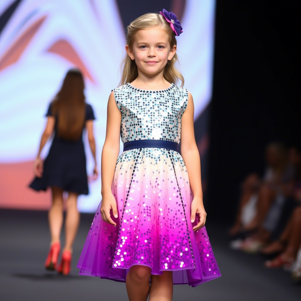 Kids fashion model showcasing a trendy sequin dress on a runway