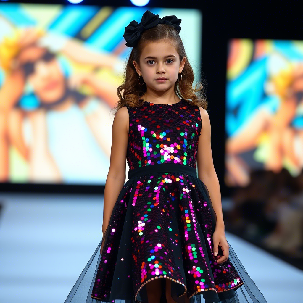 Kids fashion model showcasing a vibrant sequin dress on a catwalk