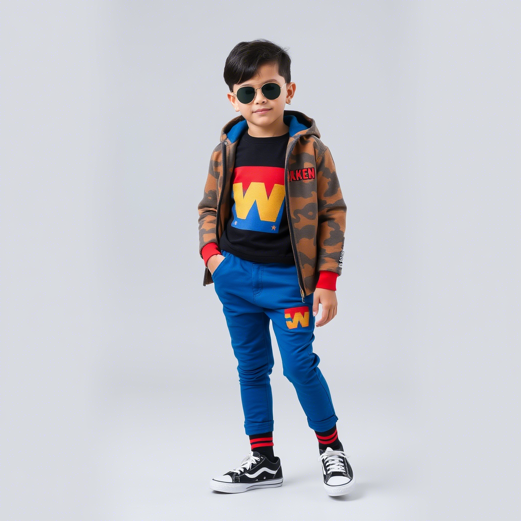 Kids fashion model showcasing boy’s clothing brand outfit