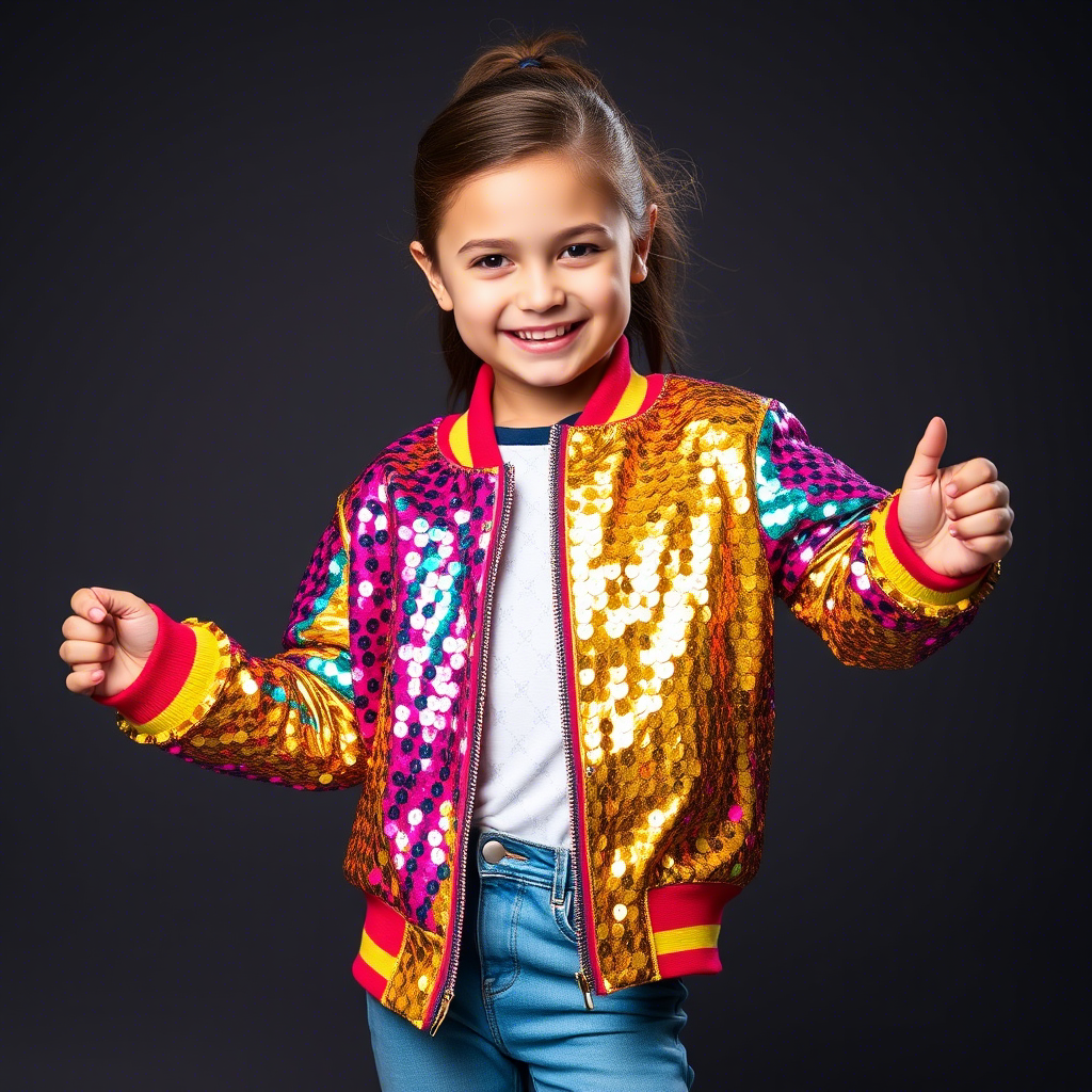 Kids’ fashion model showcasing colorful sequined jacket with confident smile