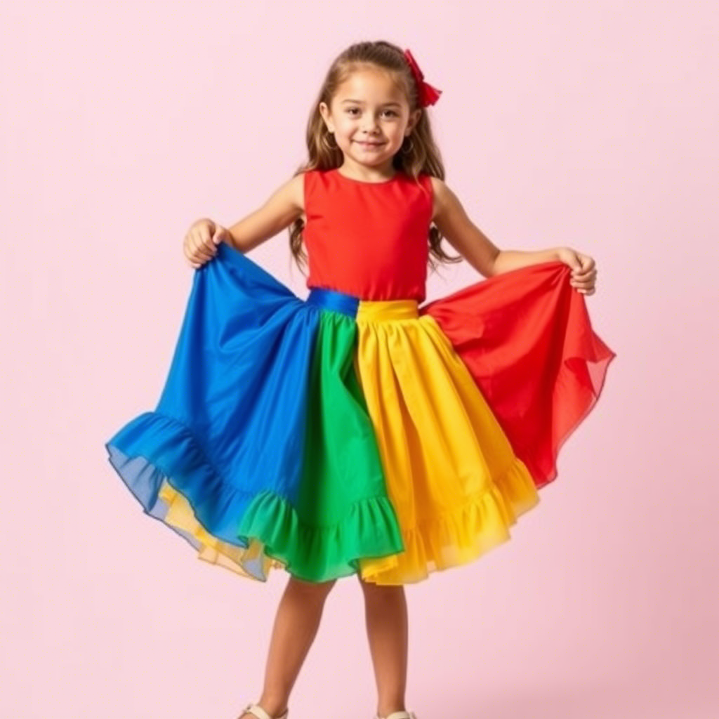 Kids fashion model showcasing colorful skirts from a popular children’s clothing line
