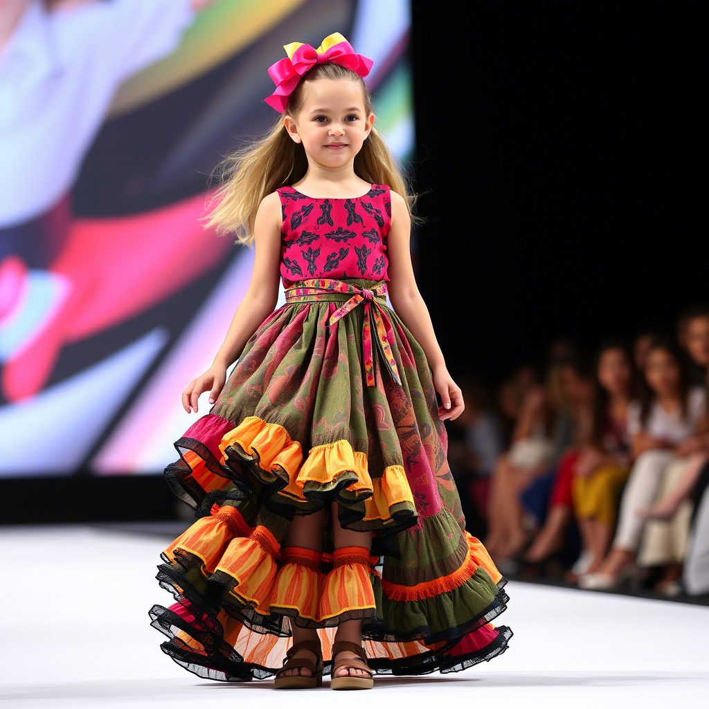 Kids fashion model showcasing colorful skirts on catwalk