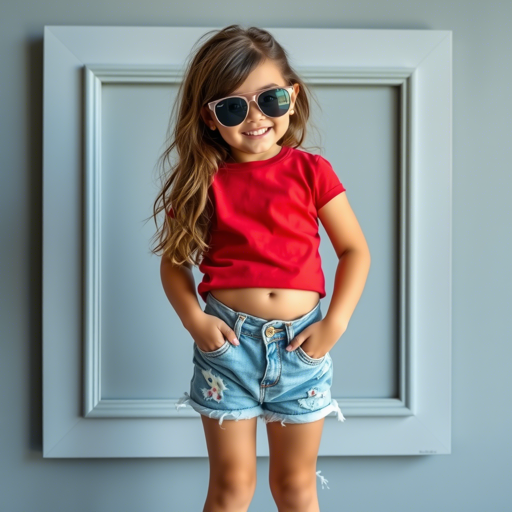 Kids fashion model showcasing latest denim shorts and jeans designs