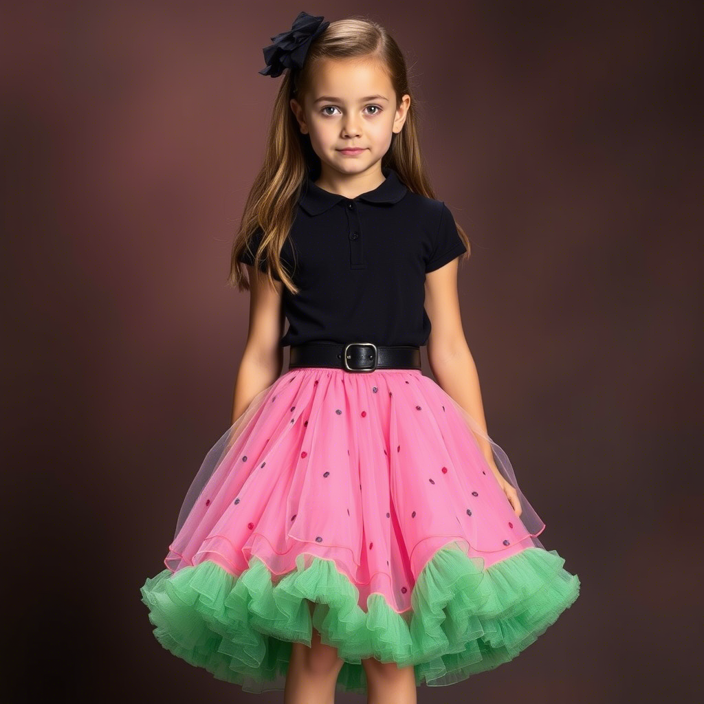 Kids fashion model showcasing latest designer skirt collection