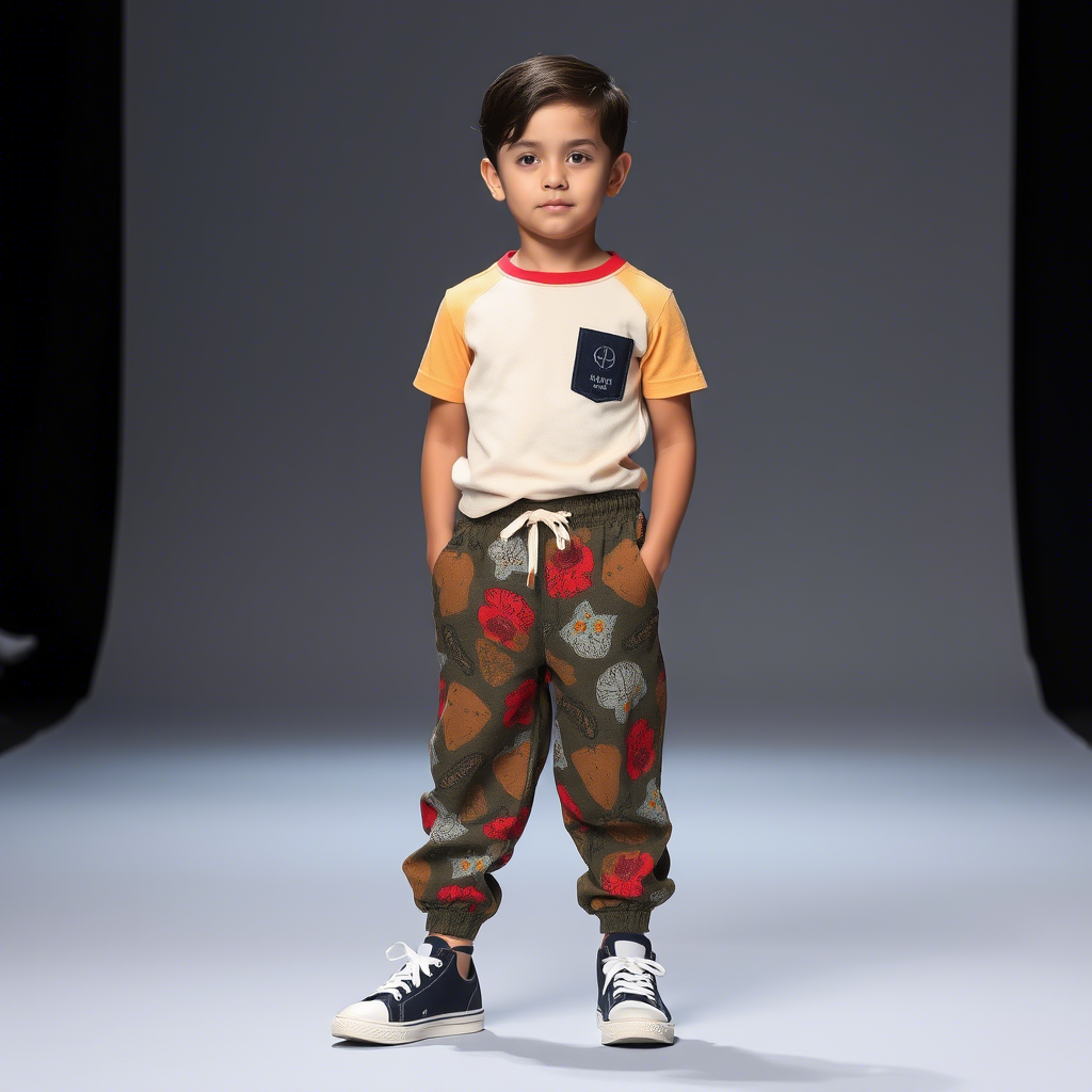 Kids fashion model showcasing latest pants designs from top brand