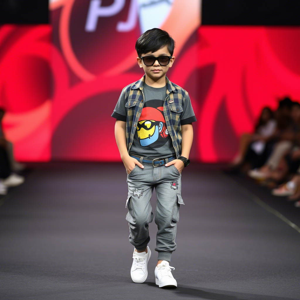 Kids fashion model showcasing latest trendy boys pants on catwalk
