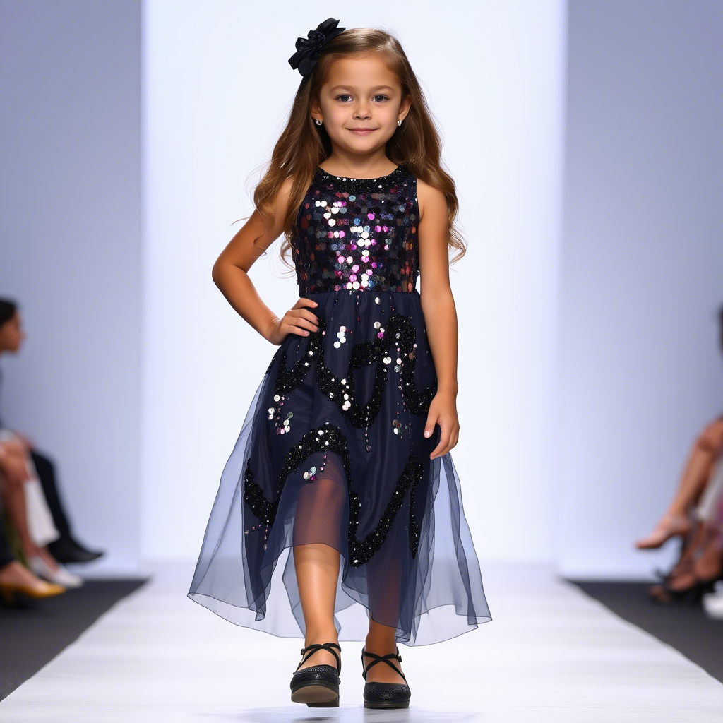 Kids fashion model showcasing sequin dress on a catwalk