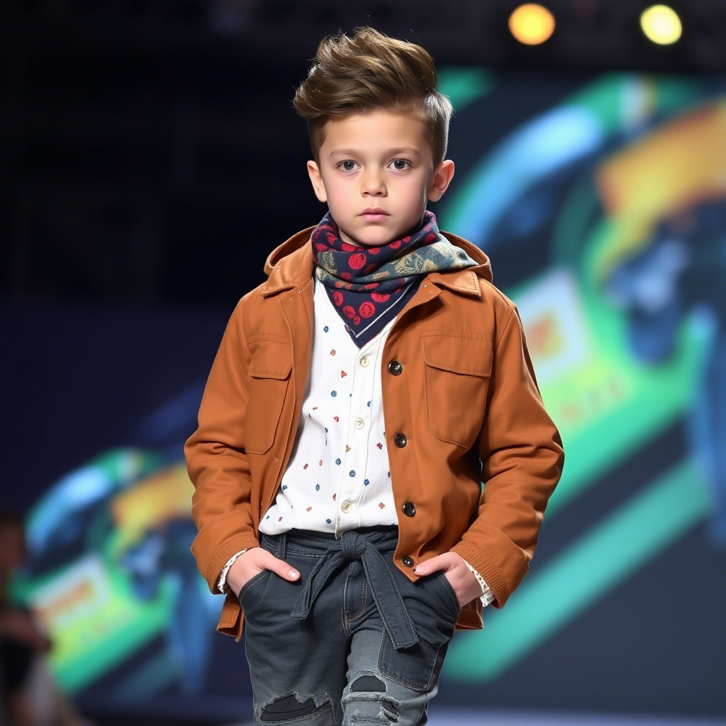 Kids’ fashion model showcasing stylish boys’ clothing on a runway