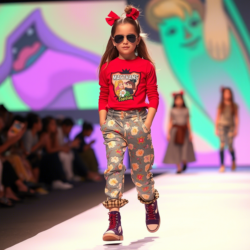 Kids fashion model showcasing trendy girls’ pants on a catwalk