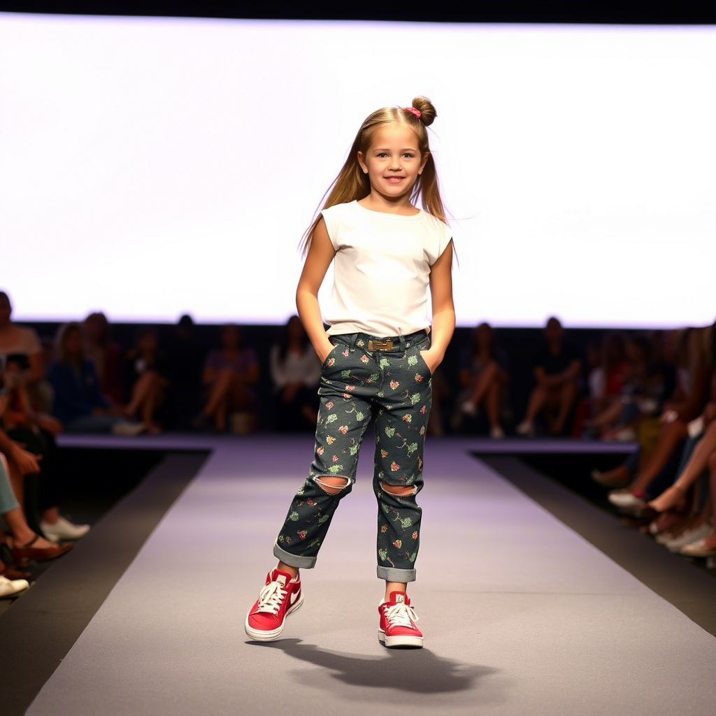 Kids fashion model showcasing trendy girls’ pants on catwalk
